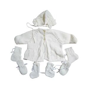 Vintage Handmade Baby Knit Cardigan Bonnet Booties Mittens 5-Piece Set Kidcore